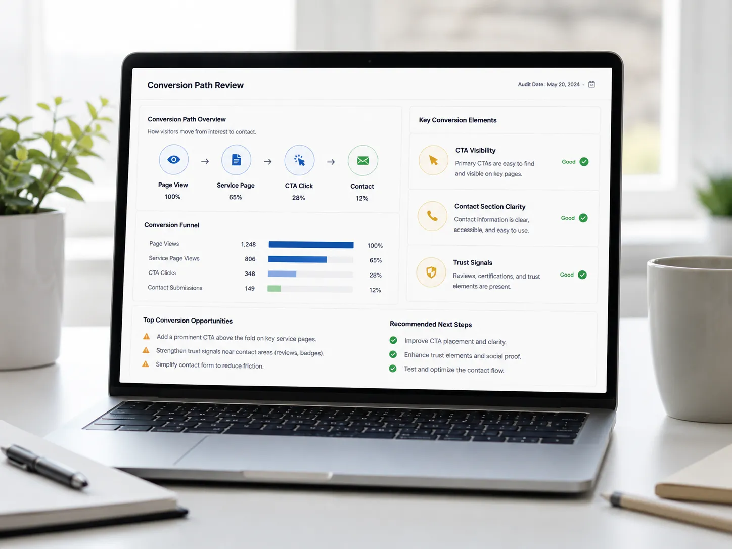 website SEO audit dashboard showing local SEO improvement opportunities