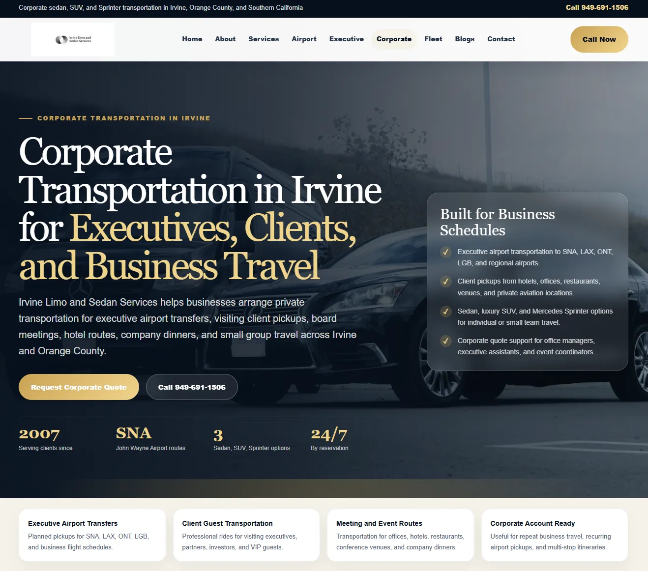 Irvine Limo and Sedan Services website content and local SEO structure