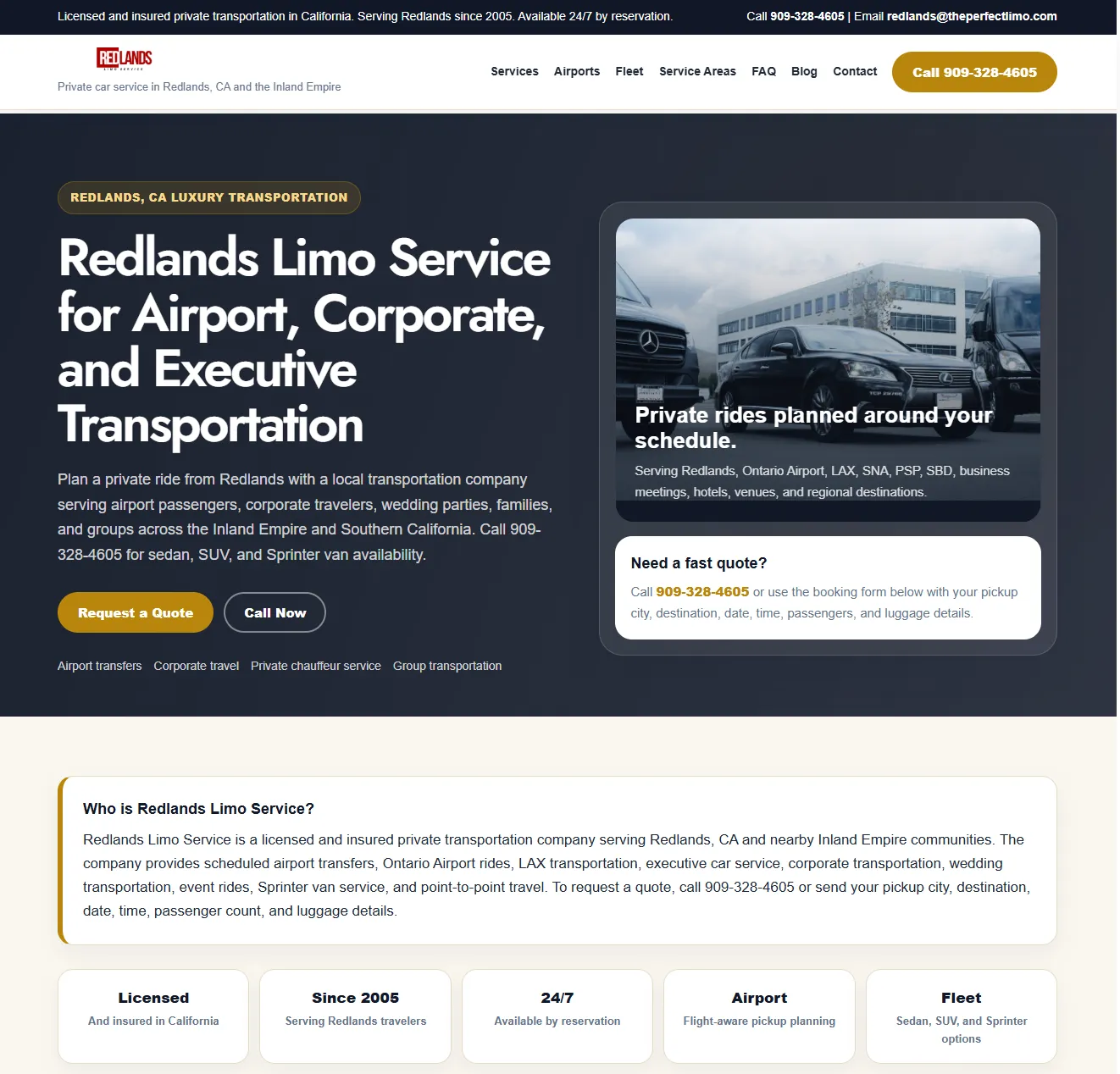 Redlands Limo Service website redesign and local SEO content sample